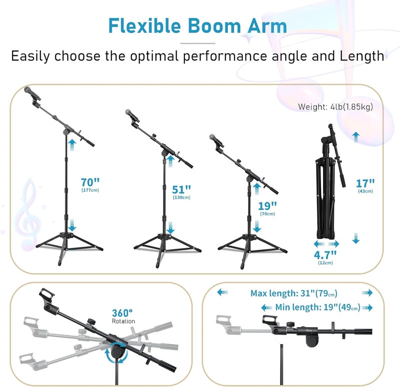 Guitto Microphone Floor Stand with Phone/Tablet Holder, Adjustable Boom Mic Stand with Heavy-Duty Base, Dual Device Mount for Streaming, Podcasting, Recording, and Live Performances GMS-04 - Image 3